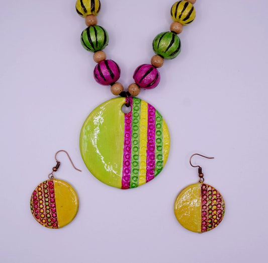 Terra Cotta Pendant with adjustable chain (Bold Green, Yellow and Pink)