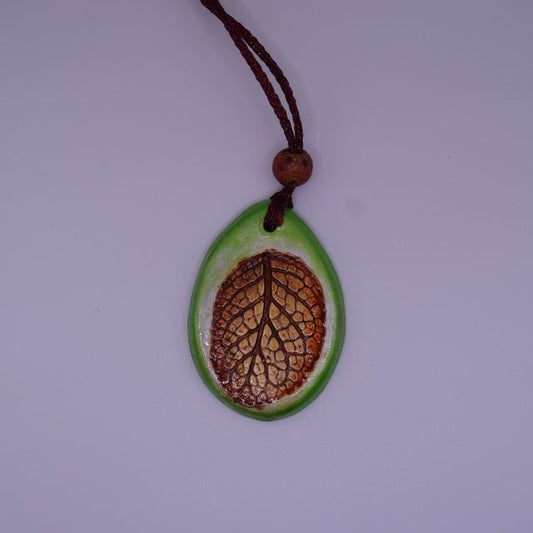 Terra Cotta Pendant with adjustable chain (Green and Brown Leaf)